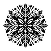 Intricate symmetric black and white floral mandala, featuring stylized leaves, dots, and geometric patterns. vector