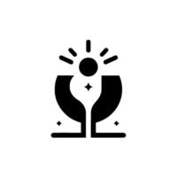 Abstract, minimalist black white depicting stylized sun bursting above a symmetrical shape, holding a central star. Clean, geometric with a balanced composition. vector