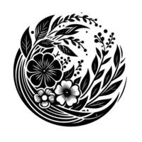 A stylized, symmetrical floral in monochrome, featuring various flowers, leaves, and berries arranged in a circular composition. vector