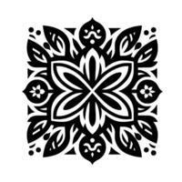 Symmetrical Black and White Floral Geometric Mandala with Leaves and Decorative Elements Against White Background. vector