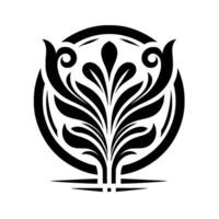Monochromatic Floral Emblem A symmetrical, stylized black leaf arrangement inside a circular frame, set against a clean white background. vector
