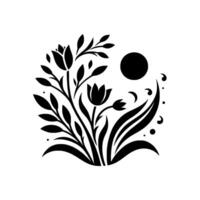 A minimalist, black and white floral featuring stylized tulips, leaves, a central circle resembling the sun, and delicate organic shapes, arranged in a symmetrical, circular composition on a wh vector