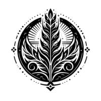 Ornate Black and White Circular Emblem Central Leafy , Bursting Rays, and Intricate, Symmetrical Details. vector
