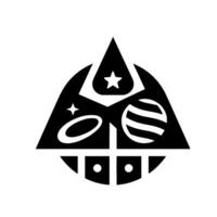 Geometric monochrome featuring stylized celestial objects star, planet with rings, planet, set within a triangular and circular frame. vector