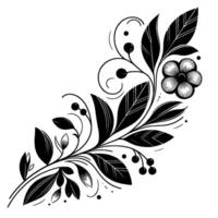 Elegant Monochrome Floral Corner Featuring Leaves, Berries, Swirls, and a Detailed Flower, Creating a Stylish Border Element on White. vector