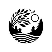 Black and white minimalist circular of a stylized forest landscape with trees, mountains, sun, and water, evoking a sense of tranquility. vector
