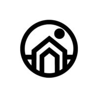 Abstract architectural featuring a geometric house within a circular frame and a small sun, rendered in bold black on a white background. vector
