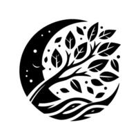 A stylized black and white illustration of a tree within a crescent moon, featuring leaves, stars, and flowing waterlike patterns. vector
