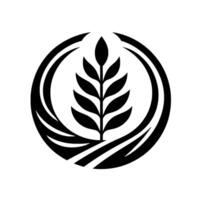 A symmetrical black and white wheat stalk illustration, contained within a circular frame and stylized landscape elements, evoking simplicity. vector