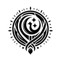 Intricate Black and White Circular Emblem Featuring Crescent Moons, Stars, and Ornate, Leaflike Details Surrounded by Decorative Border. vector
