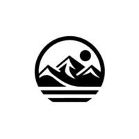 Bold, minimalist mountain range silhouette encompassed by a circle, sun, and horizontal lines, evoking nature and adventure, on a white background. vector