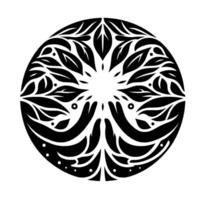 Intricate black and white circular featuring stylized leaves, hands, and dots, creating a symmetrical, minimalist pattern. vector