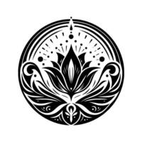 Intricate black and white mandalastyle featuring a stylized lotus flower and ornate circular frame, set against a clean white background. vector