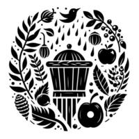 A symmetrical, black and white circular illustration featuring a central tiered structure surrounded by stylized botanical elements like apples, berries, leaves, a bird, and raindrops, evoking a sense vector