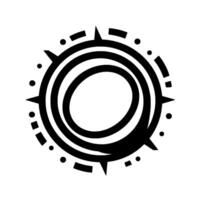 Black and white minimalist circular glyph emblem featuring concentric rings, spikes, dots, and segmented elements. vector