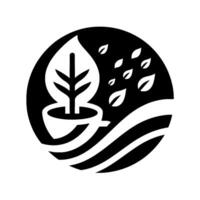 Abstract black and white circular depicting a plant in a cup, surrounded by floating leaves and stylized water lines, emphasizing nature. vector
