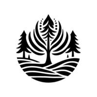 A stylized black and white featuring a central, ornate tree flanked by two smaller trees, set within a circular landscape of layered hills. vector