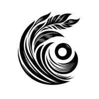 Bold Black and White Abstract Floral with a Swirling Motif, featuring Leaves, Curved Lines, and a Central Eyelike Element. vector