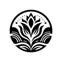 Monochromatic Floral Emblem A symmetrical stylized lotus flower contained within a circular border, with subtle wave elements and decorative dots. vector