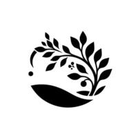 BlackandWhite Minimalist Illustration Leafy Branch with Berries within a Rounded on a White Background. vector