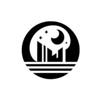 Stylized monochrome emblem depicting a cityscape under a crescent moon and stars within a circle, above horizontal lines. vector