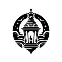 A stylized black and white illustration of a traditional lantern, encircled by a decorative including stars and clouds, evoking a sense of warmth. vector