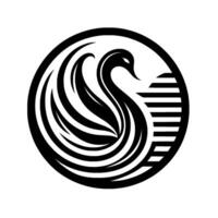 Elegant Black and White Minimalist Swan , Featuring Flowing Feathers, Nestled in a Circular Frame with a Geometric Sun Representation. vector