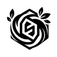 A stylized black and white featuring a geometric S encased in a hexagon, surrounded by swirling elements and sprigs of leaves, against a white background. vector
