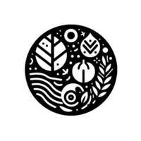 Circular minimalist illustration, monochromatic with a variety of nature elements leaves, water, pumpkins, and foliage arranged within a black circle on a white backdrop. vector