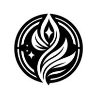 Abstract Black and White Floral Emblem with Star Accents Enclosed in a Circular Frame, Evoking Natures Elegance. vector