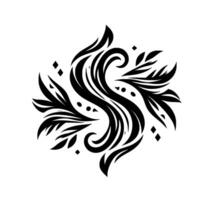 Symmetrical Black and White Floral with Curvilinear Swirls, Leaflike Elements, and Geometric Accents on White Background vector
