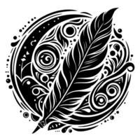 Intricate tribalinspired of a feather encased in a circular arrangement of swirling patterns, dots, and geometric shapes, rendered in black and white. vector