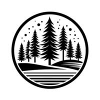 A minimalist black and white circular illustration of a forest scene pine trees, hills, and scattered dots under a ring. vector