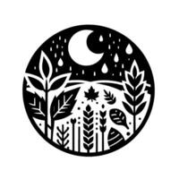 Circular black and white illustration of a nocturnal autumn landscape, featuring a crescent moon, falling rain, and stylized flora in a minimalist style. vector