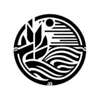 Stylized Black and White Nautical Emblem Waves, Sailing Ship, Sun, and Sky in a Circular, Abstract . vector