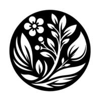 A minimalist botanical , presented as a stylized black and white circular emblem, depicting a flower, berries, and various leaves and branches. vector