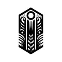 Intricate Art Decoinspired black and white geometric , featuring stylized floral and spiral elements within a hexagonal shape, on a crisp white backdrop. vector