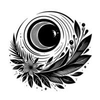 A symmetrical black and white illustration featuring a crescent moon and sun encircled by floral and botanical elements, showcasing detailed linework. vector