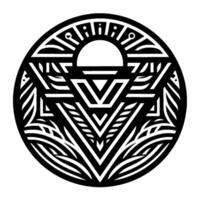 Intricate Black and White Circular Geometric Featuring a Central Sun, Triangles, and Symbolic Patterns in a Stylized, Minimalist Composition. vector