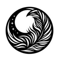 Intricate Black and White Celestial Mandala Circular Featuring a Crescent Moon, Stars, and Flowing Featherlike Elements within a Geometric Frame. vector