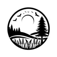 Silhouette Landscape in a Circle Birds Soaring Above a Forest and Wheat Field Under a Crescent Moon. A Minimalist with a Nature Theme. vector