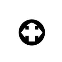 A stark, minimalist a directional symbol comprised of arrows within a circle against a white background, suggesting movement and unity. vector