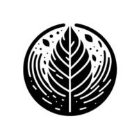 Stylized Black and White of a Leaf Within a Circle, Featuring Geometric Detail and Dots, Representing Nature or Organic . vector