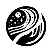 A minimalist black and white emblem of the night sky in a circular frame, depicting a crescent moon, stars, and a handlike . vector