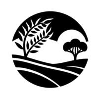 A monochrome emblem of a stylized rural landscape within a circle featuring wheat stalks, a tree, fields, and a mountain silhouette. vector
