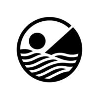 A minimalist black and white circular emblem featuring a sun, mountain, and wavy sea elements, evoking a sense of nature and tranquility. vector