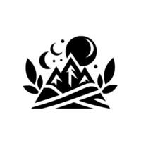 A stylized black and white illustration depicting a mountain range beneath a moon and stars, with leaves framing the scene, evocative of nature and adventure. vector