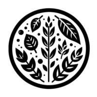 A stylized, blackandwhite botanical illustration featuring a variety of leaves and plant elements arranged within a circular frame, with dots. vector