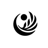 Abstract black and white featuring a stylized sphere with a crescent moon, leaves, and feathers. vector