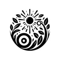 A stylized, circular black and white featuring a radiant sunburst, leafy branches, and concentric circles, representing harmony and nature. vector